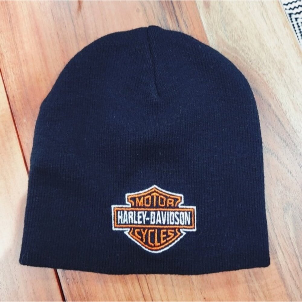 Original Harley-Davidson Iconic Black Bar + Shield Beanie with Orange Logo